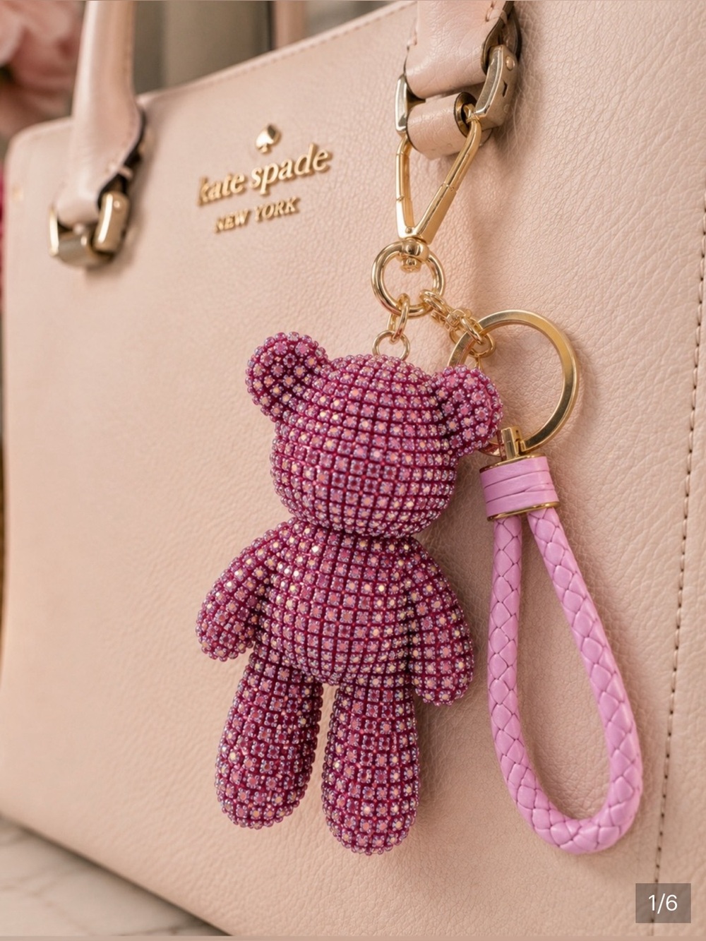 Natasha Pink Teddy Bear Tassel Bag Charm - Picture 2 of 2